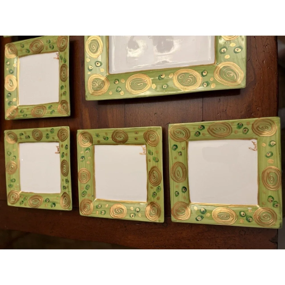 Vintage Mayfair & Jackson 9-Piece Square‎ Plate Set Green Metallic Gold Swirls